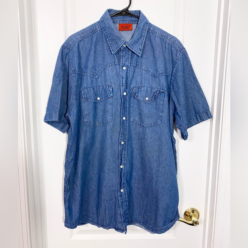 Y2K VTG Big Rock Canyon Western Pearl Snap Denim Short Sleeve Shirt Men’s Large